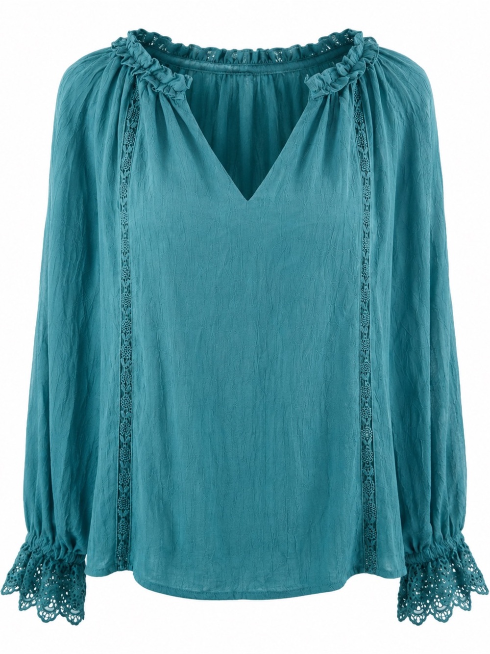 Teal Peasant Blouse Size XS | Lace Trim Ruffle‎ Neck Boho Long Sleeve Top